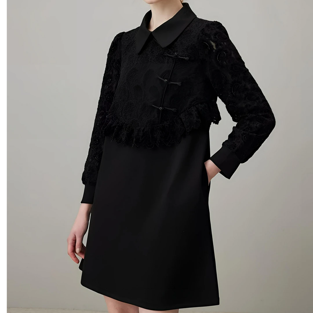 【F791】气质蕾丝拼接连衣裙女早秋洋气A字裙欧货女裙