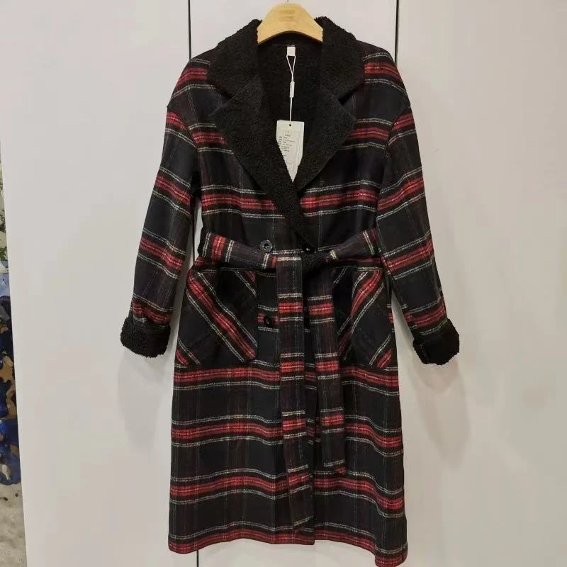【F935】秋冬格子毛领外套时尚长款外套