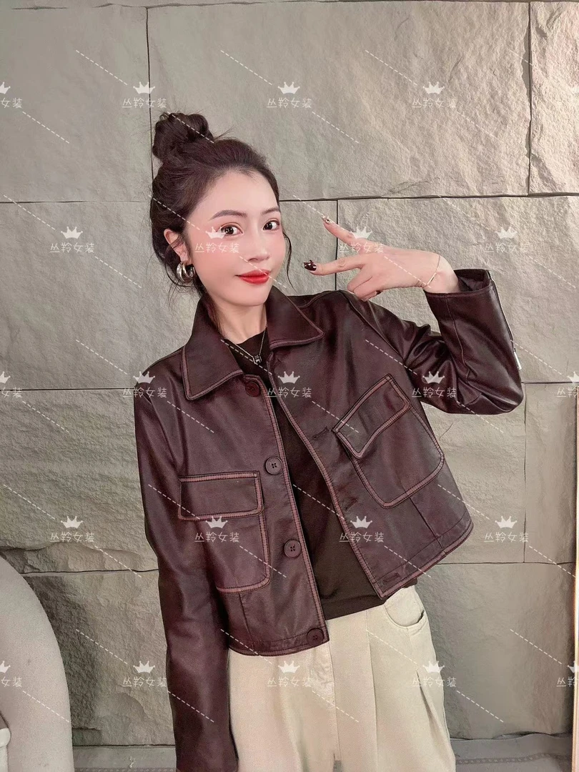 【心动降临】春秋季气质长袖时尚设计师翻领设计感皮衣外套