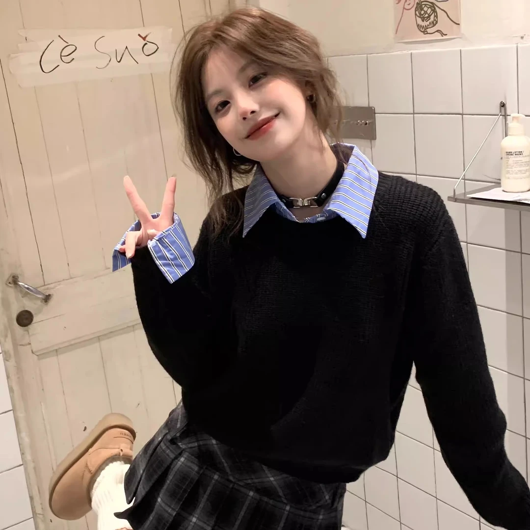 2025韩系学院风假两件可衬衫领毛衣女秋冬小个子慵懒风针织衫上衣