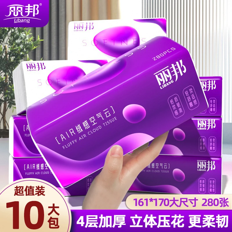 丽邦绒感空气云4层抽纸280张立体压花纸巾10大包加厚加大抽取纸巾