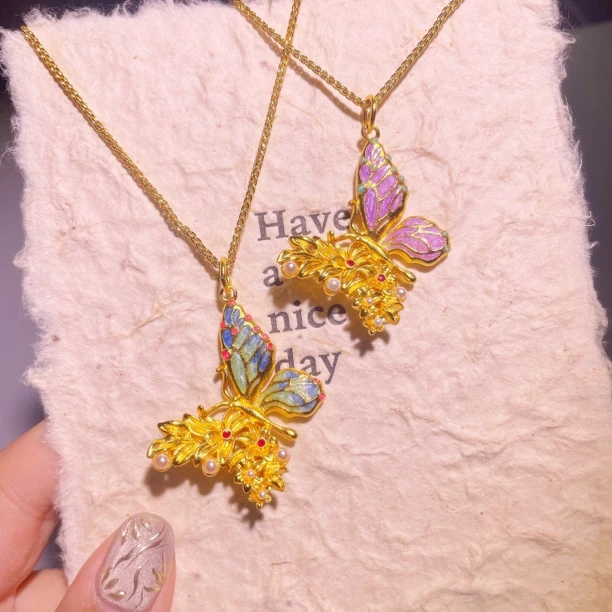 合金锆石项链 【浮光跃金 】珐琅彩 合金 蝴蝶项链时尚梦幻气质