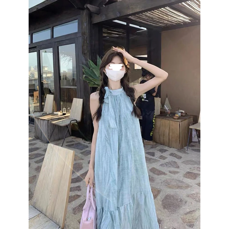 88637# 扎染吊带连衣裙夏季宽松显瘦小个子无袖挂脖长裙