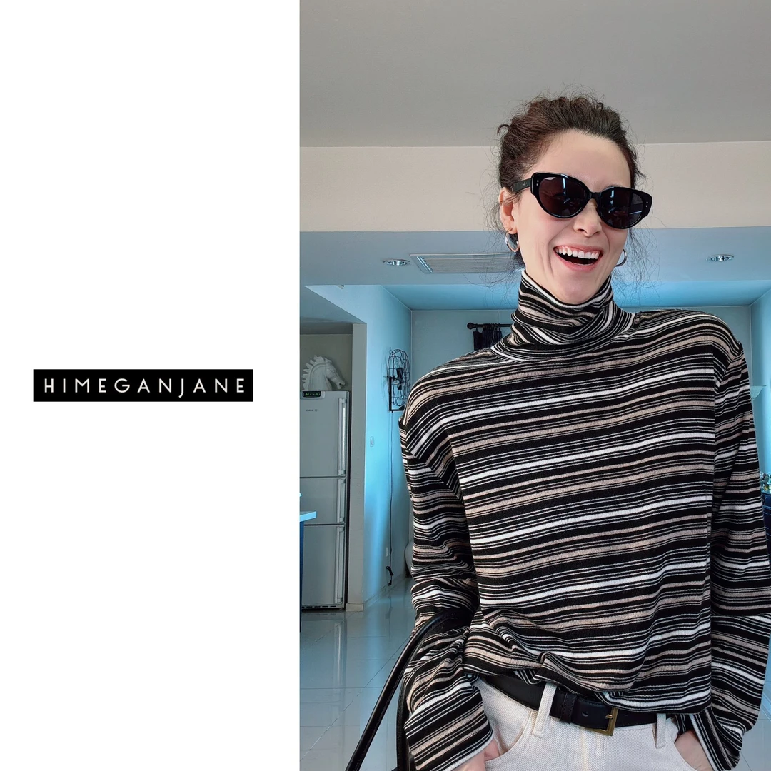 HIMEGANJANE 进口面料软糯条纹高领长袖SF-0097