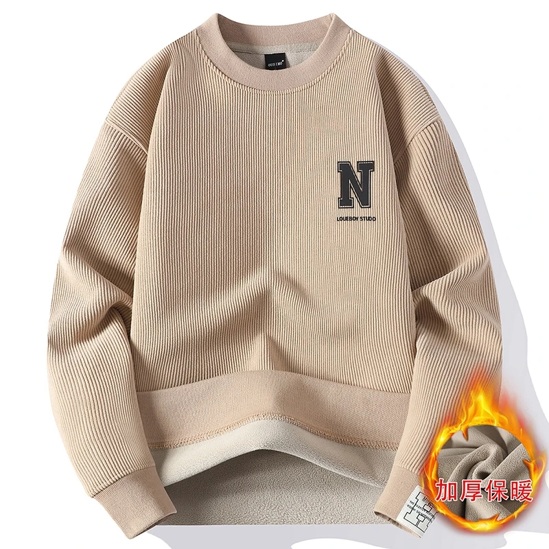 冬季加绒加厚青少年中小学生毛衣莫兰绒保暖男生圆领套头针织衫潮