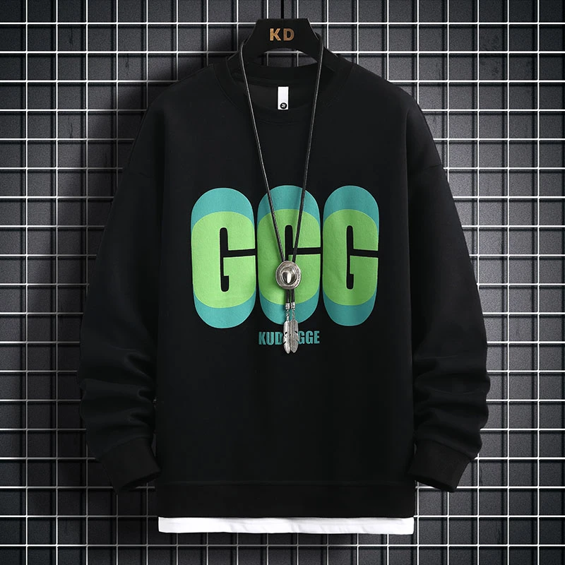 春季青少年13~18岁学生男生休闲宽松打底衫圆领假两件套头卫衣男