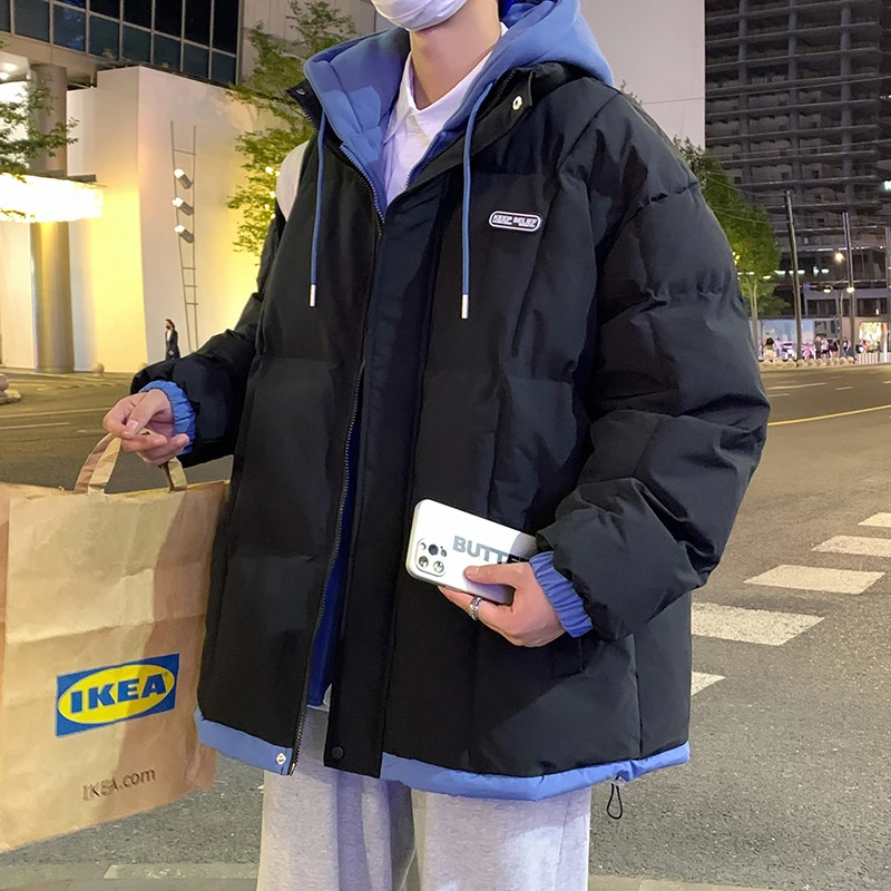冬季保暖棉袄男生棉服外套加厚宽松连帽面包服假两件棉衣港风情侣