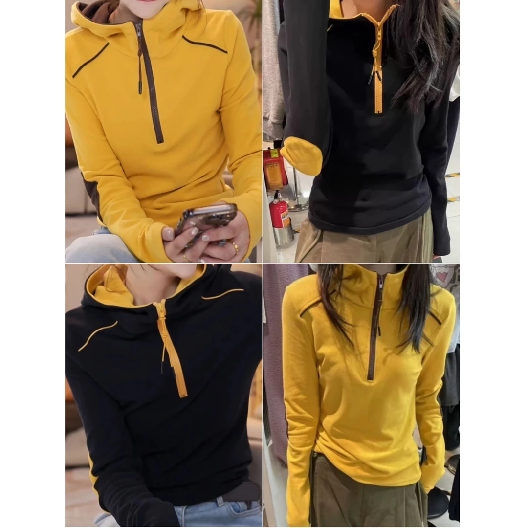 设计感撞色拼接连帽长袖t恤女2024秋冬新款时尚洋气修身德绒上衣