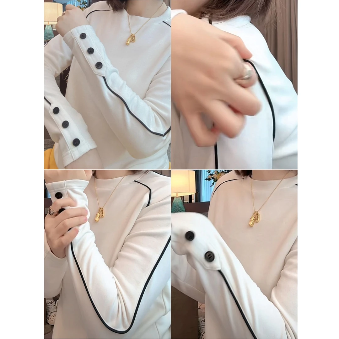 设计感黑色纽扣双面德绒长袖T恤女秋冬内搭外穿圆领磨毛打底上衣