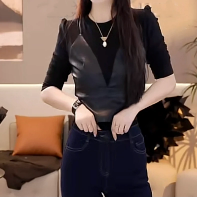 设计感磨毛加厚气质假两件上衣2024新款冬季百搭修身圆领打底上衣