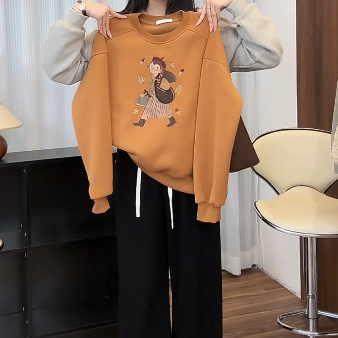 设计感卡通图案加绒卫衣女秋冬2024年新款ins风休闲圆领长袖上衣