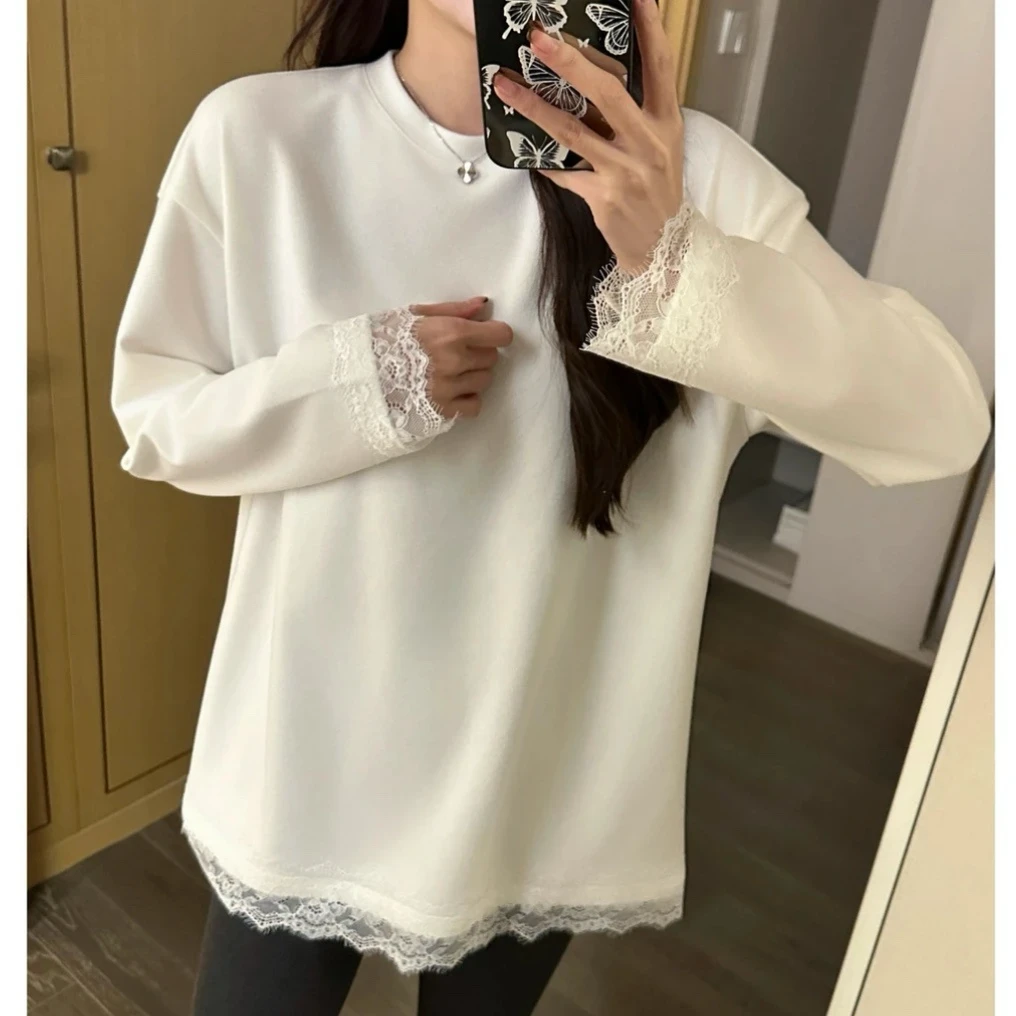 设计感蕾丝拼接圆领长袖T恤女秋冬2024新款时尚纯色宽松打底上衣