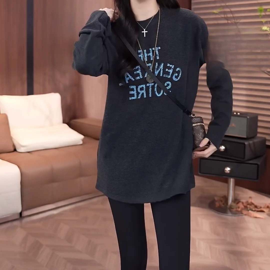 设计感美式破碎感字母印花双面绒长袖T恤女秋冬休闲圆领打底上衣