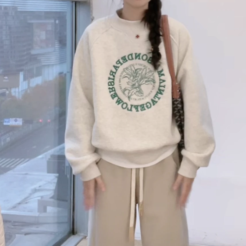 设计感字母圆领加绒加厚卫衣女秋冬2024新款休闲宽松套头长袖上衣