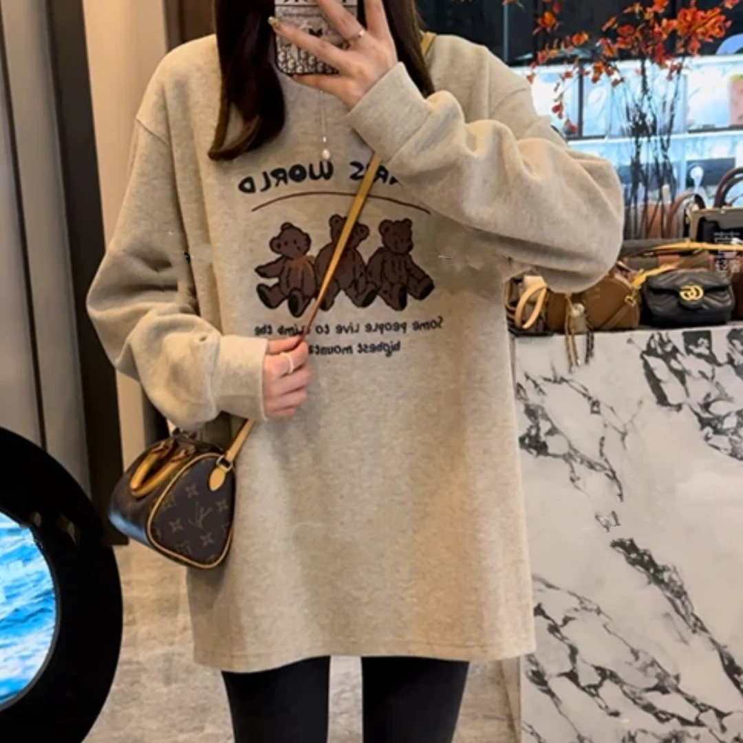 设计感小熊图案双面绒感加绒加厚卫衣女秋冬宽松休闲圆领长袖上衣