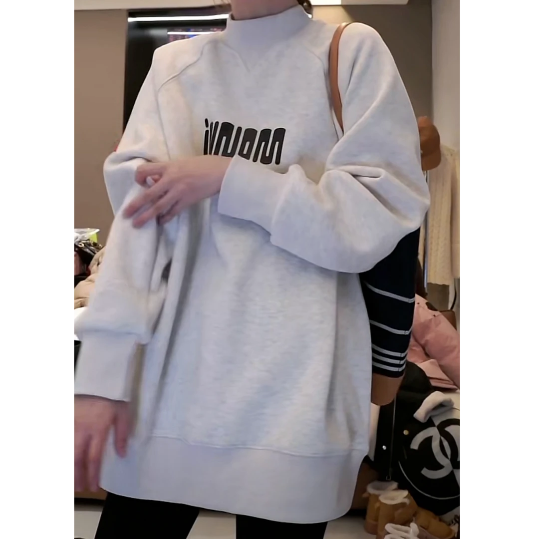 加绒卫衣加绒加厚设计感时尚休闲圆领冬季2024新款字母灰色上衣