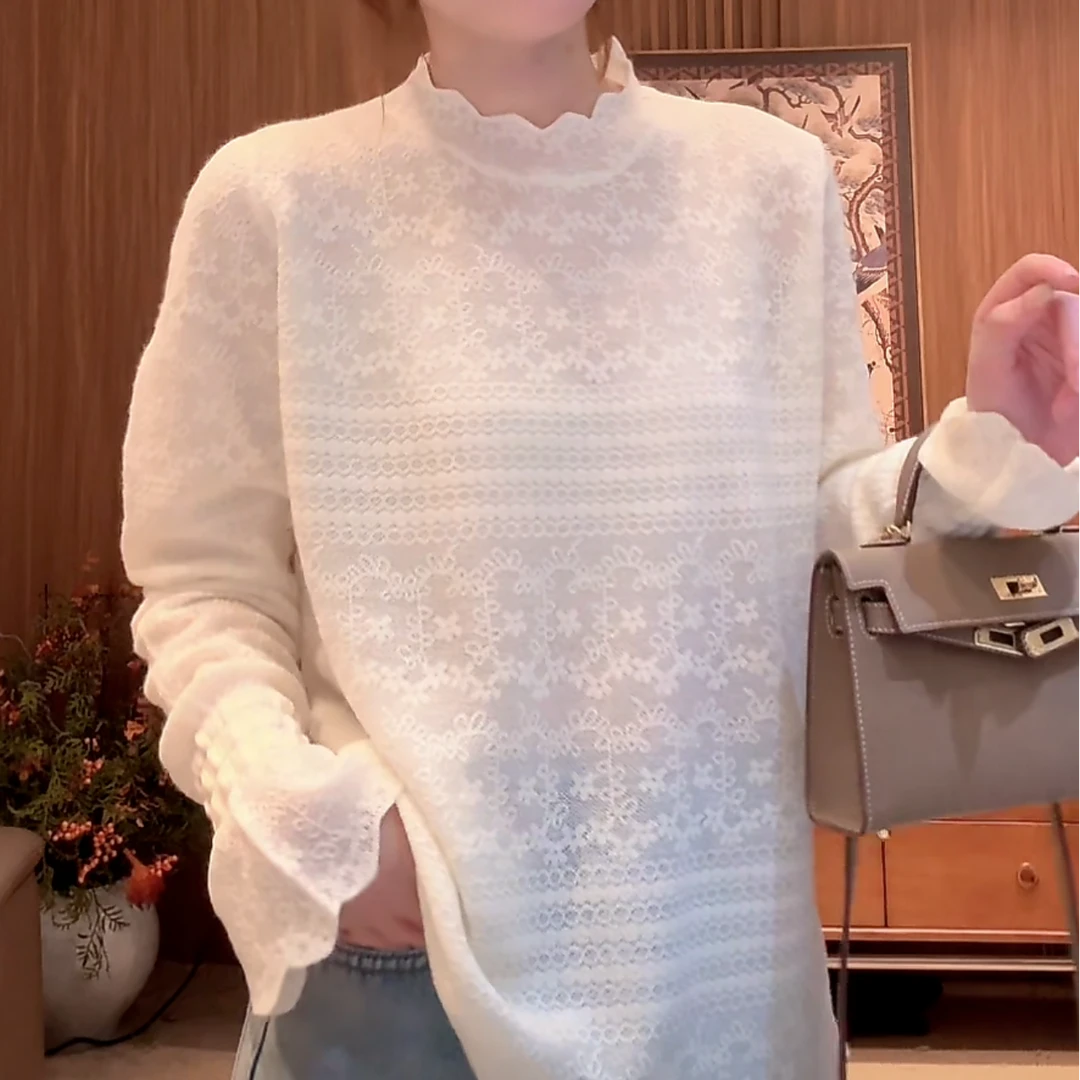 蕾丝上衣2024新款秋冬重工立领设计感法式套头气质白色时尚打底衫
