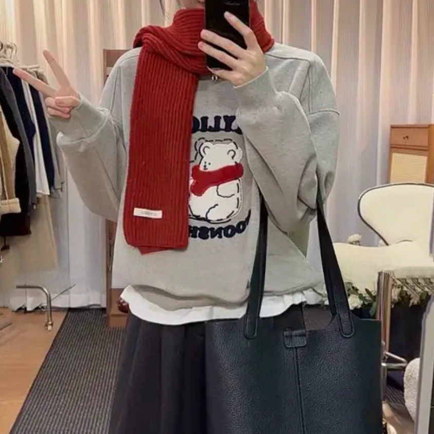 设计感重工圣诞小熊加绒圆领卫衣女秋冬季ins风毛巾刺绣长袖上衣