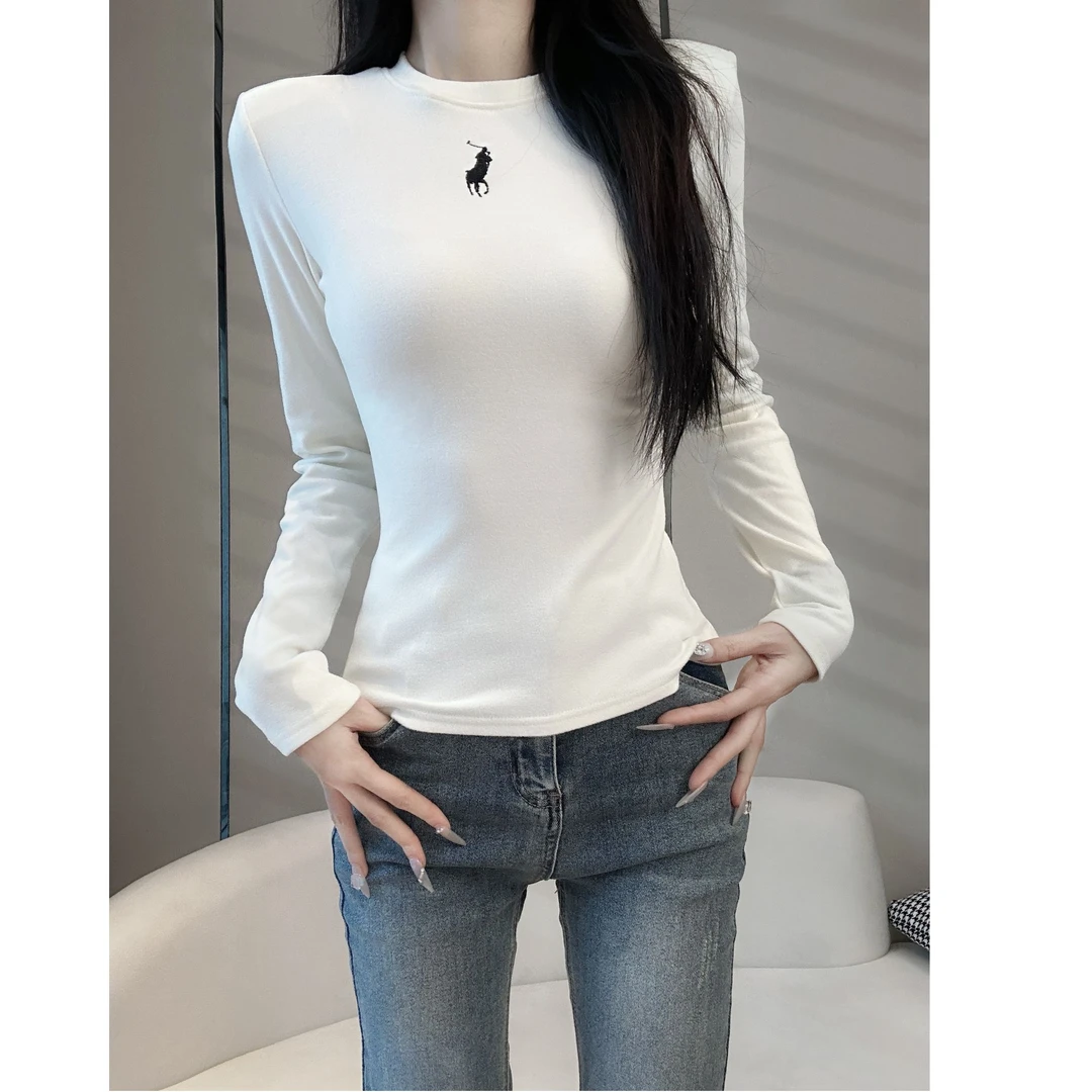 设计感纯色圆领长袖T恤女秋冬2024新款百搭休闲时尚修身打底上衣
