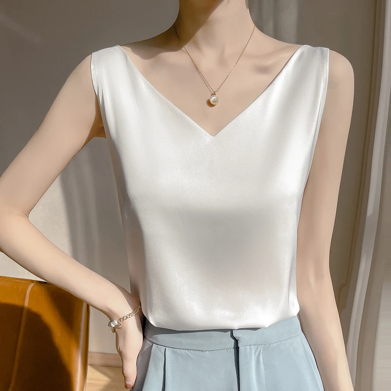 轻奢气质桑蚕丝西装内搭V领双肩吊带宽松百搭背心纯色打底春夏