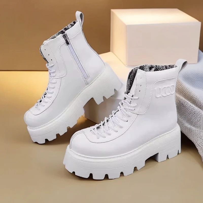 白色拉链马丁靴男秋冬加绒厚底高帮皮靴英伦风真皮时尚工装机车靴