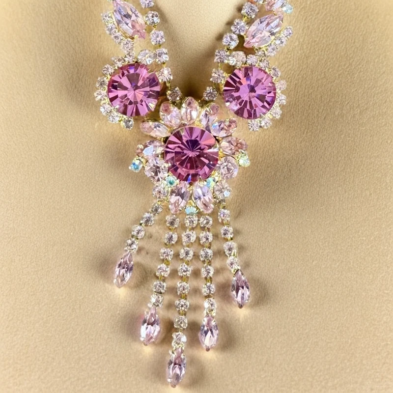 铜合金仿水晶项链 Juliana长款饰品粉色流苏项链超美小仙女必备