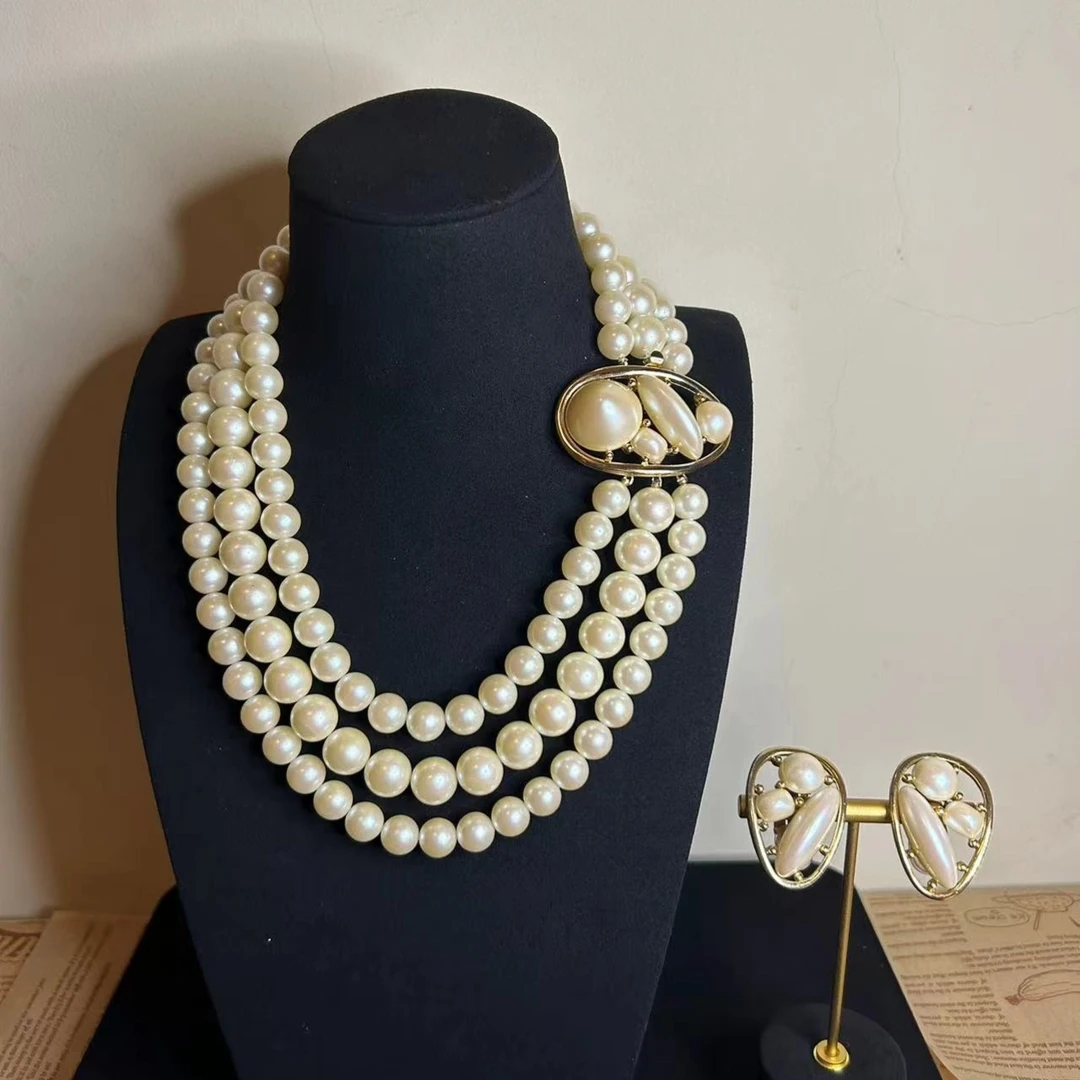 合金仿珍珠项链 中古珍珠项链耳夹套装 气质白色欧美法式首饰经典