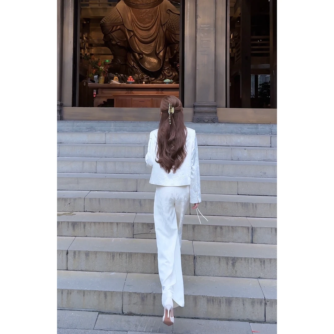 【婷婷】《青山国风裤》手工盘扣 提花显瘦直筒裤2FTC026