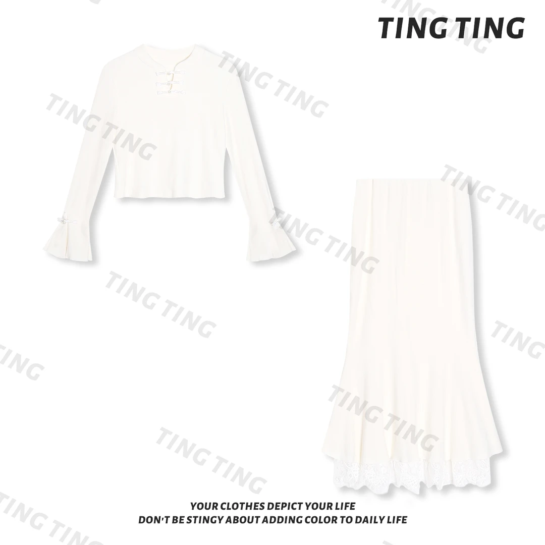 【婷婷】《白玉》国风韵味 蕾丝盘扣针织衫套装 TTY2FQ537