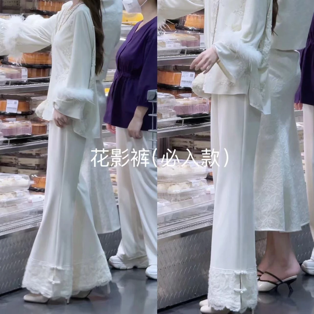 【婷婷】《花影裤》下摆毛绒蕾丝花边 针织显瘦裤 TTY2FQ346
