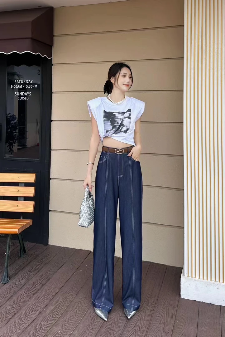 遮胯藏肉显瘦2024春季高腰复古明线设计宽松牛仔裤休闲阔腿裤女