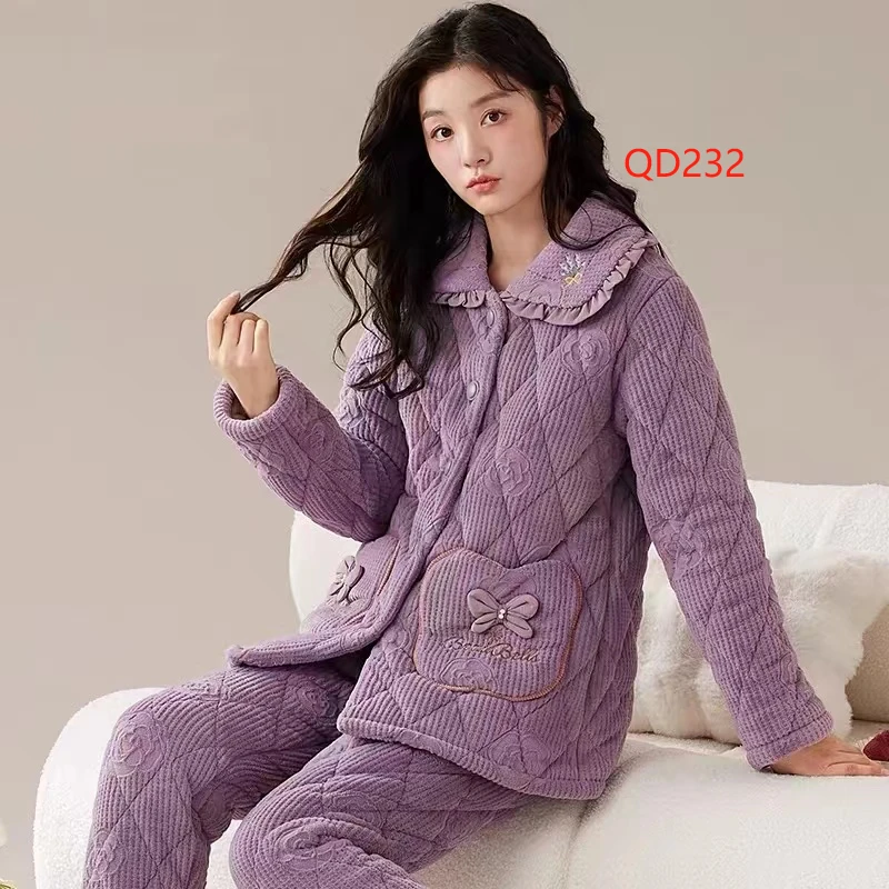 米兔家居服冬季女士牛奶绒翻领花边三层夹棉QD232