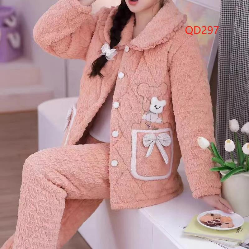 米兔家居服冬季女士蛋糕牛奶绒精品款高货翻领三层夹棉QD297