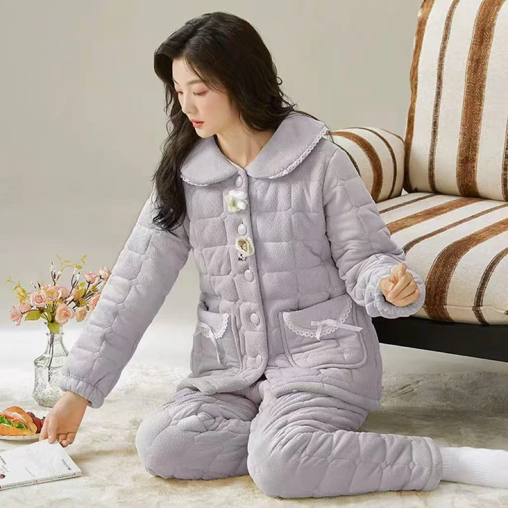 【K067】海岛绒三层夹棉重工精品贵妇款翻领灰紫色秋冬加厚长袖长裤