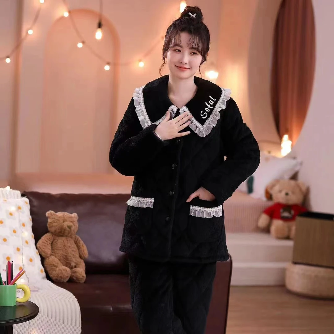 米兔家居服冬季女士蛋糕牛奶绒精品款高货翻领三层夹棉QD311