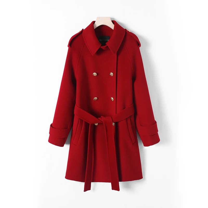 高端立领双面呢大衣女短款减龄小个子系腰双排扣毛呢外套23691
