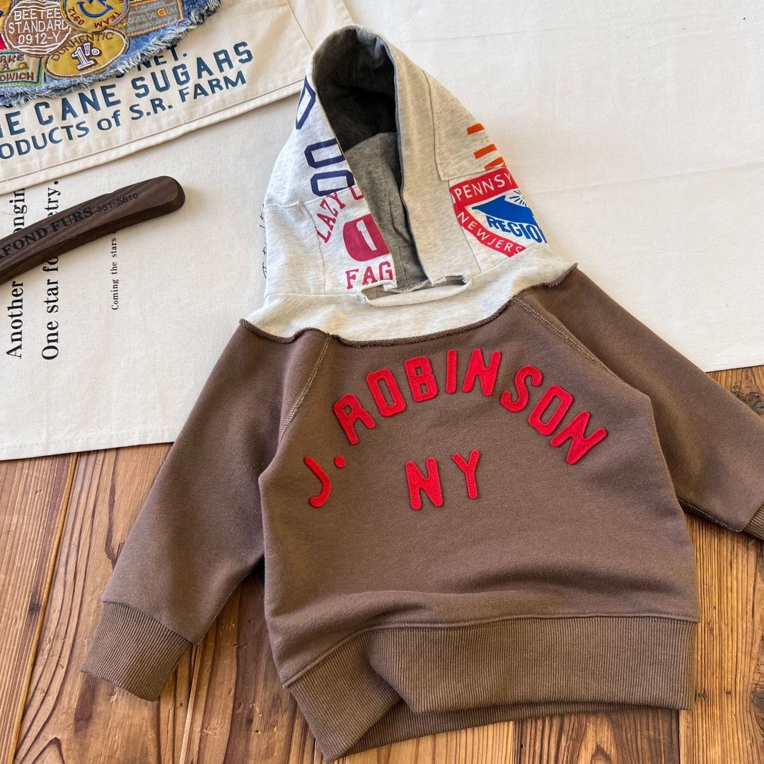 【现货】日系中古童装潮童DD儿童复古假两件连帽卫衣重工大帽檐卫衣