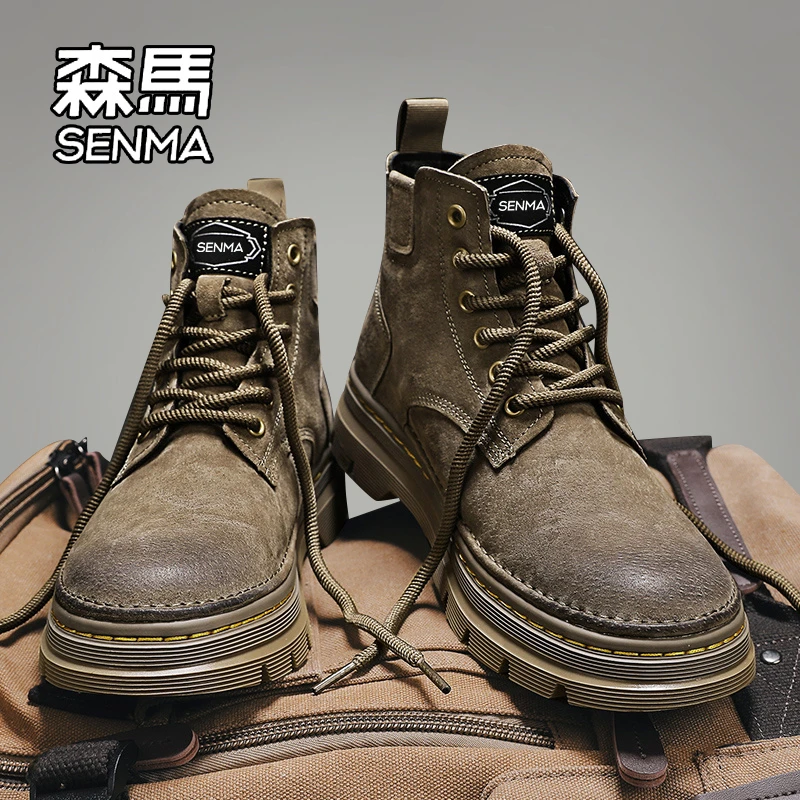 SENMA/森马工装靴男秋季加绒英伦风马丁靴男士防滑耐磨登山作战靴
