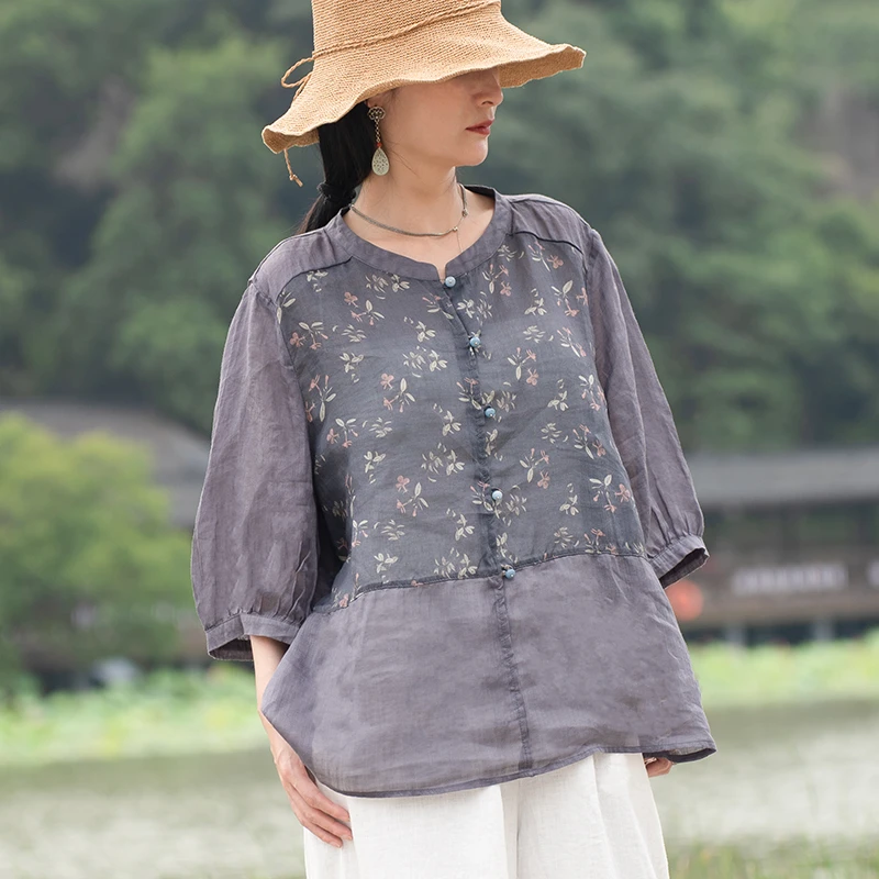 娅扣布衣【S11290】夏新款透气苎麻上衣印花复古休闲宽松百搭衬衫
