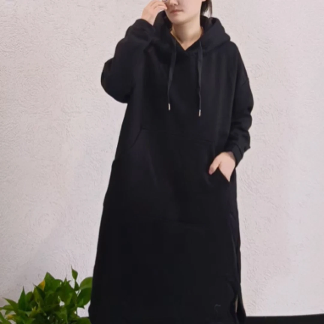 娅扣布衣【18381】秋冬宽松连帽加绒卫衣连衣裙慵懒风显瘦休闲百搭
