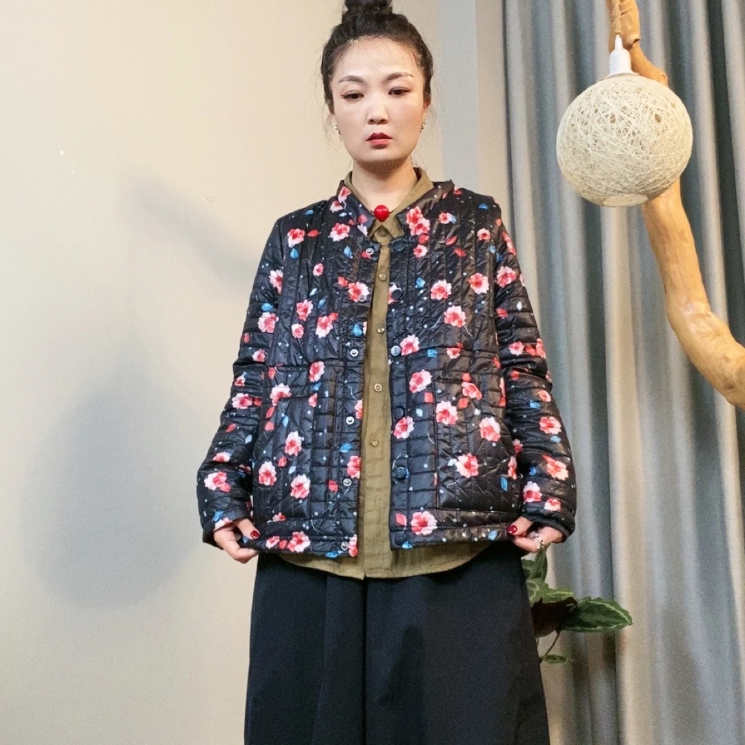 娅扣布衣【3609】秋冬复古薄款棉服宽松碎花通勤短款外套女士短棉袄
