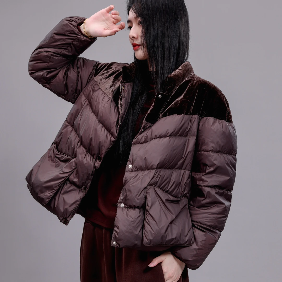 娅扣布衣【3911】冬季休闲韩版羽绒服拼接丝绒立领外套