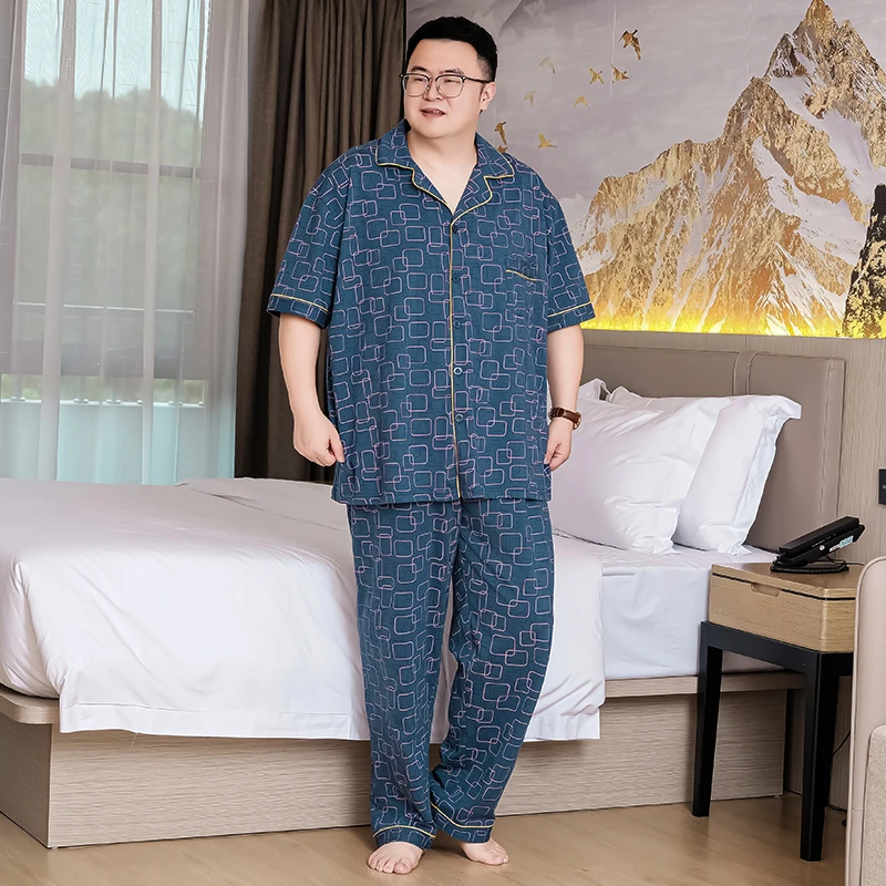 大码纯棉睡衣男夏天2024新款短袖长裤半袖加肥加大薄款家居服胖子