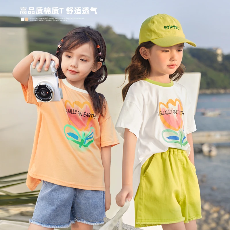 陈大猪-童装夏季短袖撞色圆领宽松百搭透气郁金香印花T恤-GSX3804