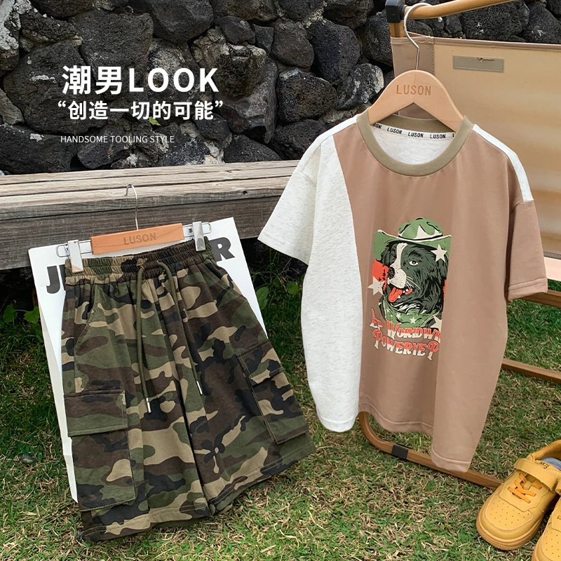 陈大猪 夏季男童短袖套装潮酷印花T恤中大童迷彩短裤夏-MCX3326