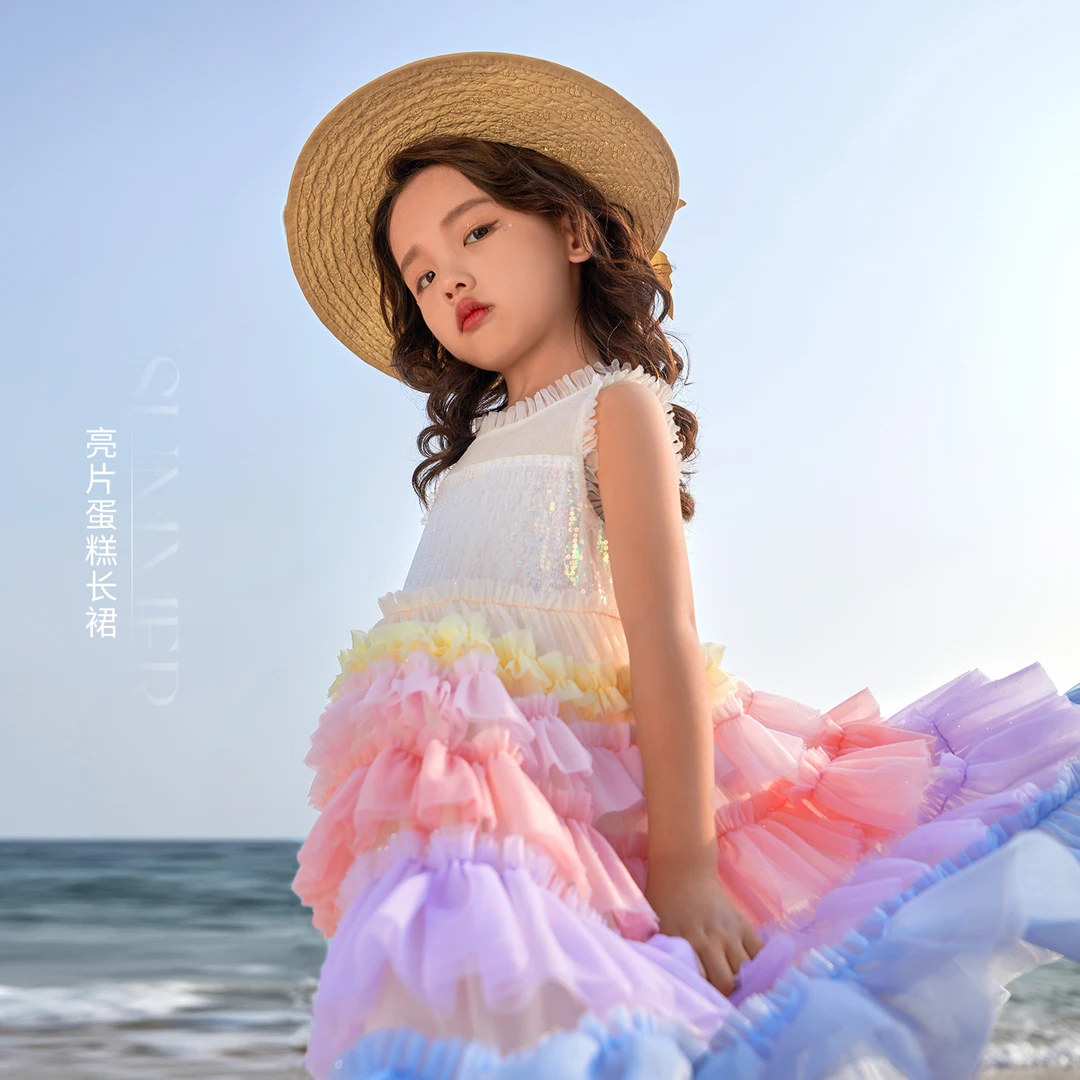 陈大猪【梦幻彩虹】儿童女童夏季洋气公主风渐变蓬蓬纱裙-DXX33031