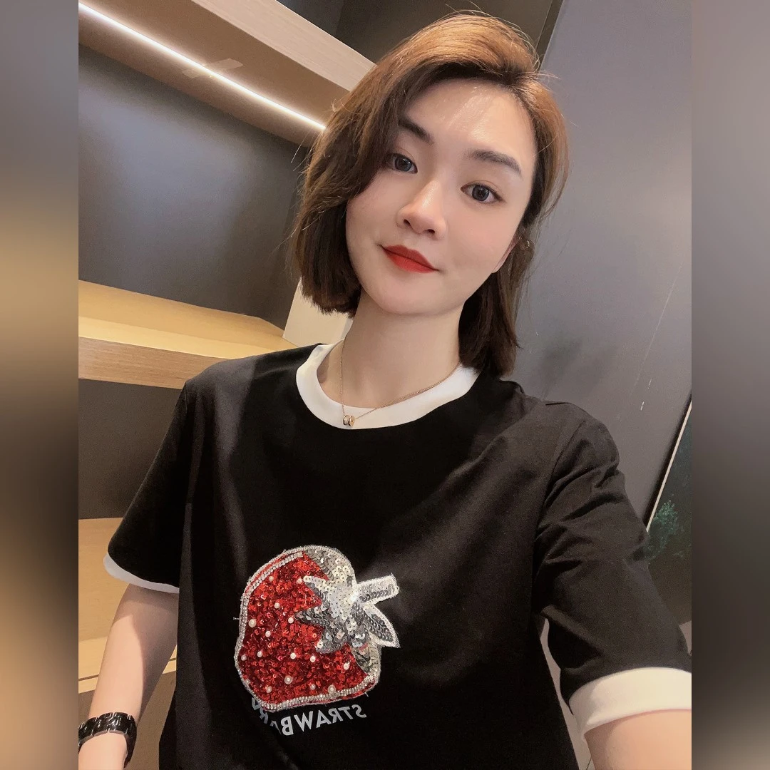 陈大猪【草莓子酱】夏季百搭简约拼色珠片t恤休闲儿童百褶-DXC33051