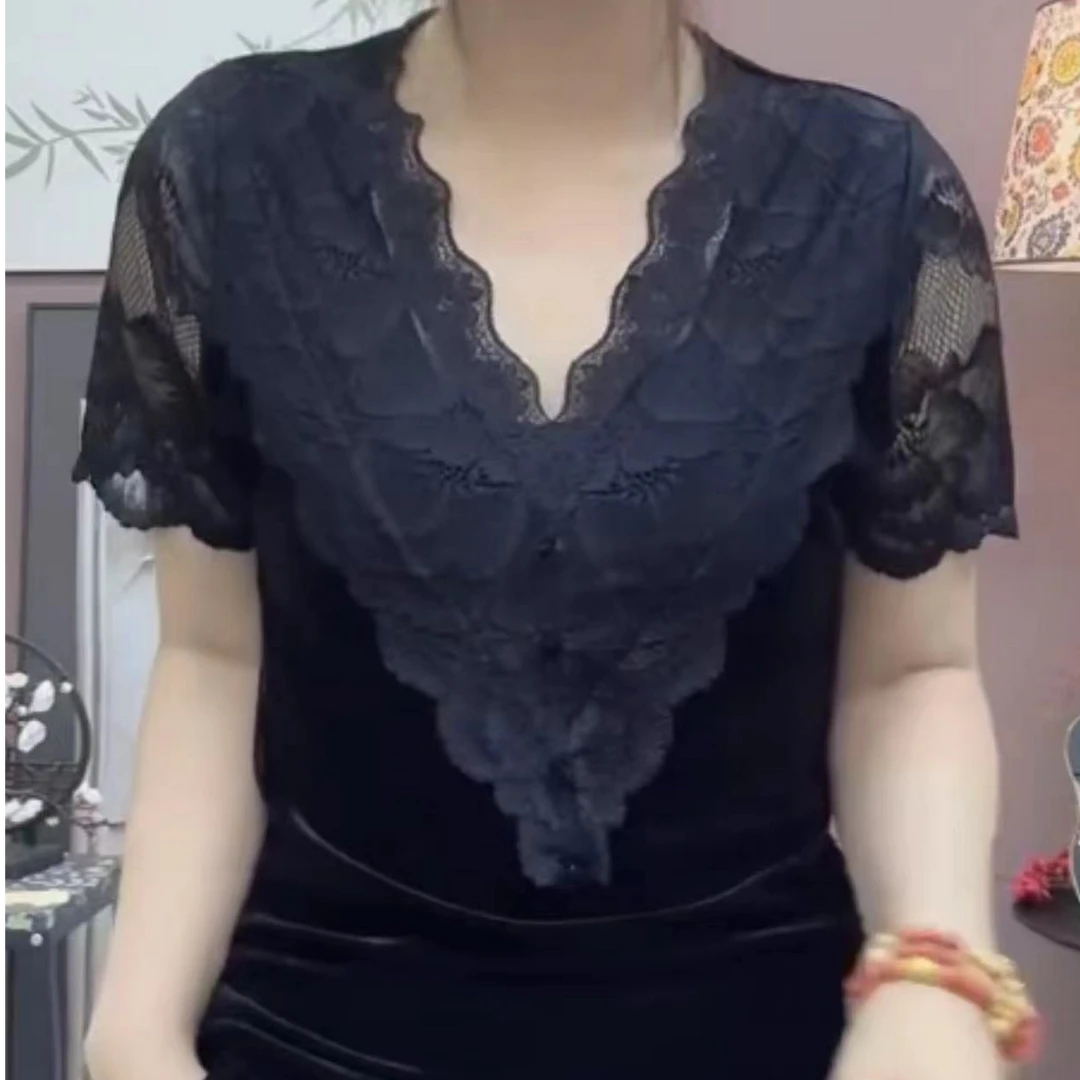 856 重工蕾丝修身显瘦洋气网红时尚镂空气质拼接衫