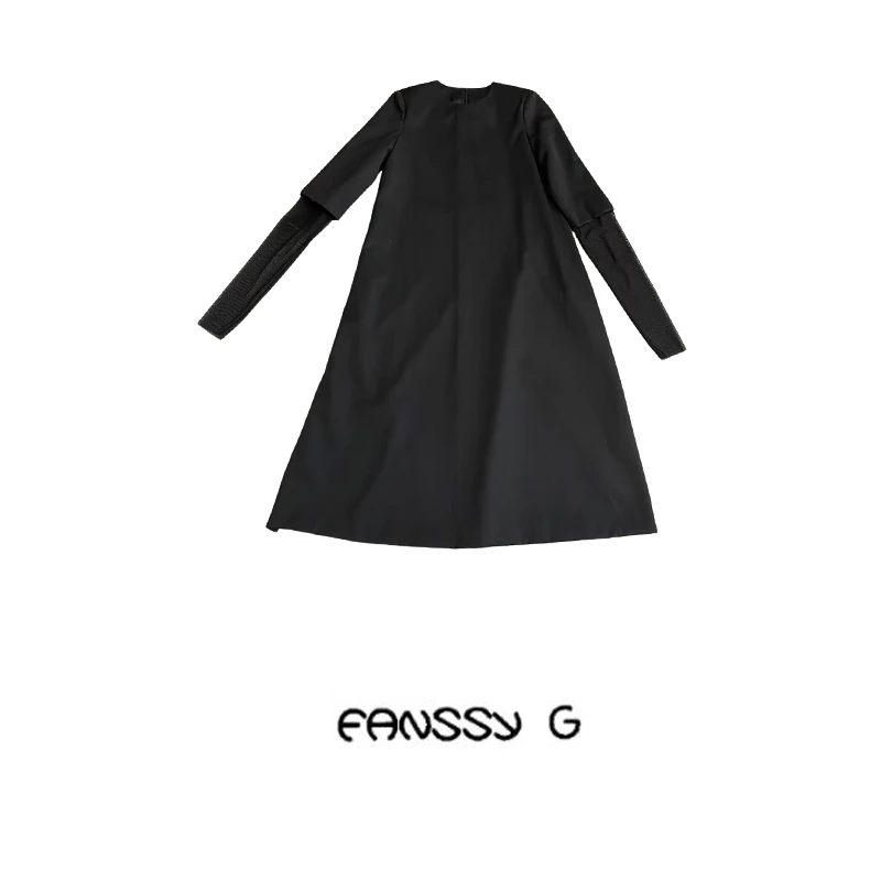 EANSSY G馥罹秋冬新款黑色假两件蕾丝中袖中长款连衣裙NA2310A022