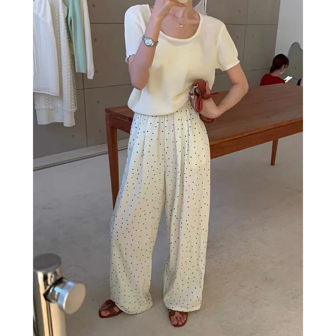 请叫我大韩  夏季波点压褶阔腿裤宽松高腰显瘦百搭减龄休闲裤3138